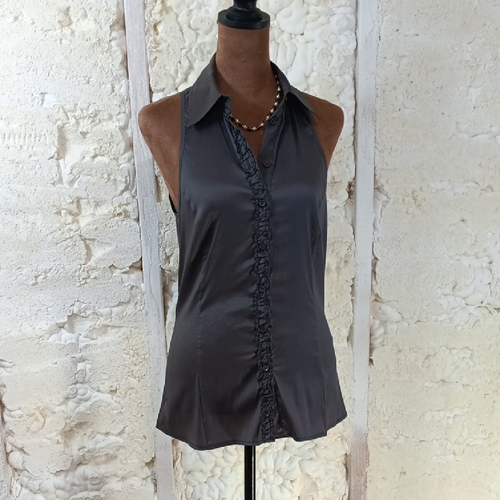 Motivi Charcoal Satin Sleeveless Blouse Ruffle Front Size S